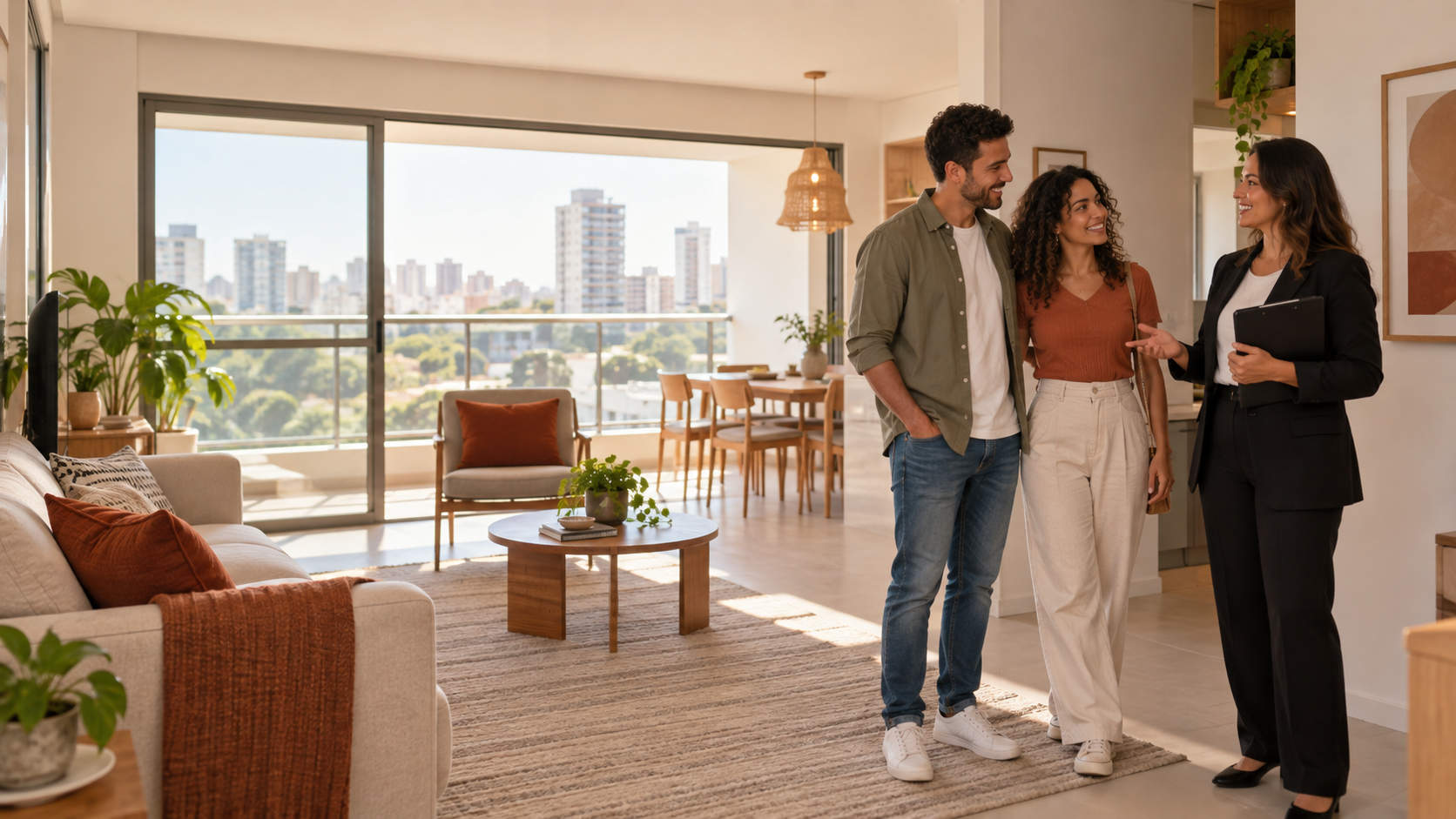 Um jovem casal visita um apartamento moderno e bem iluminado, acompanhado por uma corretora de imóveis. Os três conversam de forma descontraída em uma sala acolhedora, com ampla janela, varanda e vist